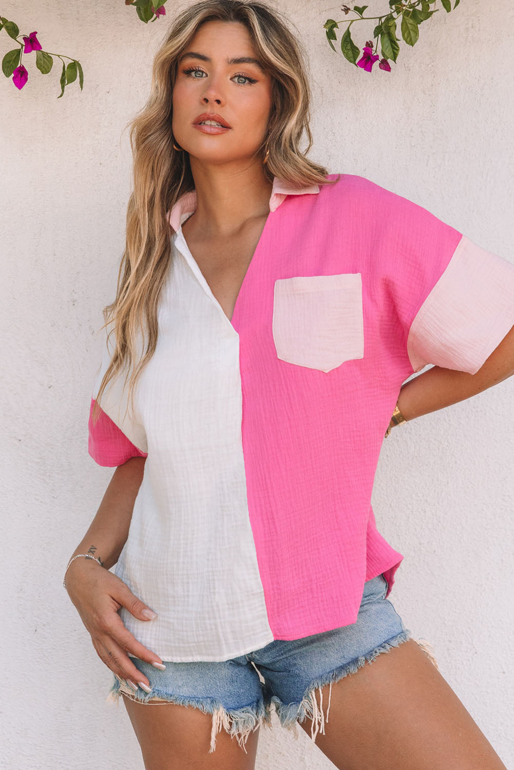 Rose Collared Neck Color Block Polo Shirt - LA Grand