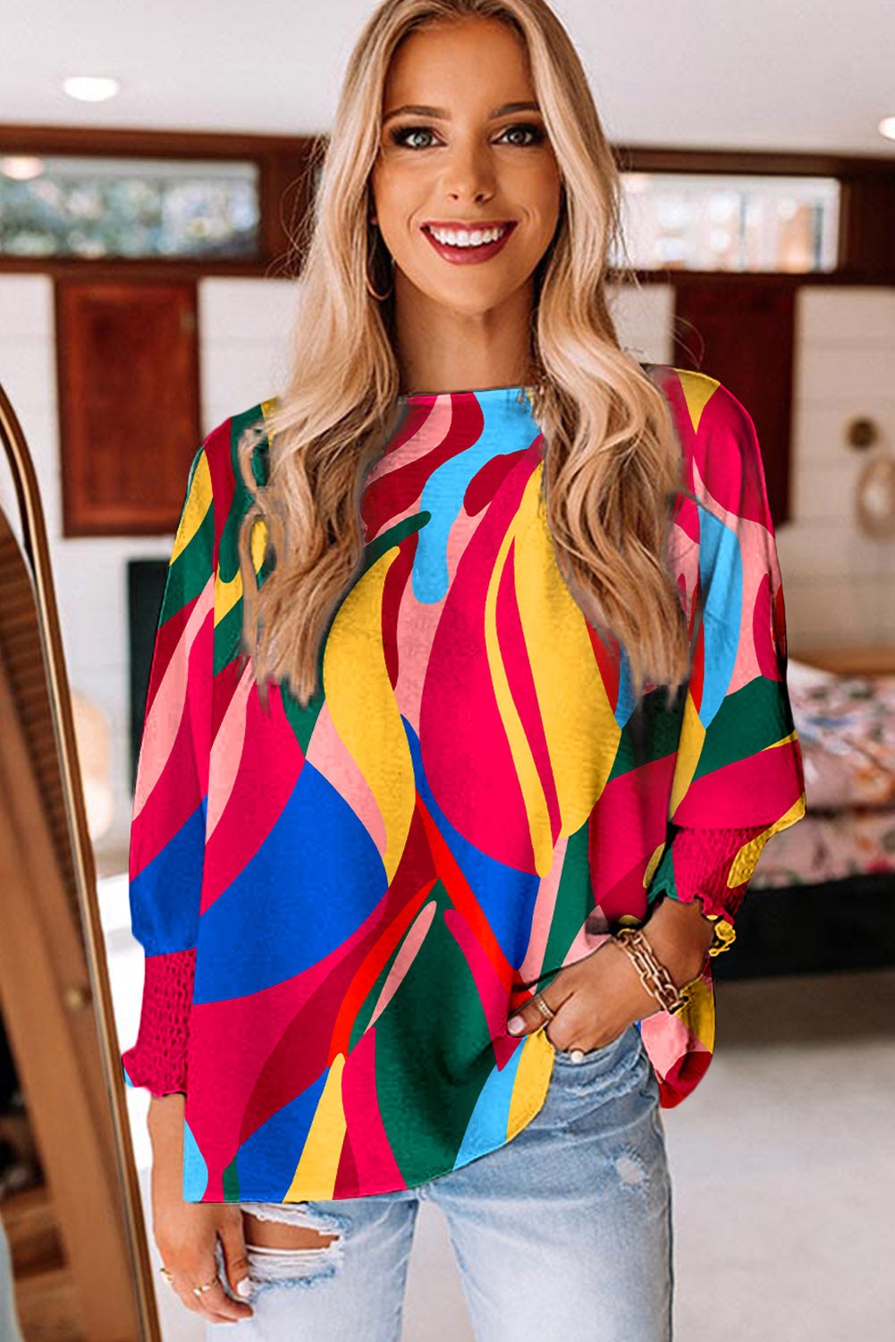 Multicolor Abstract Print Smocked Puff Sleeve Blouse - LA Grand