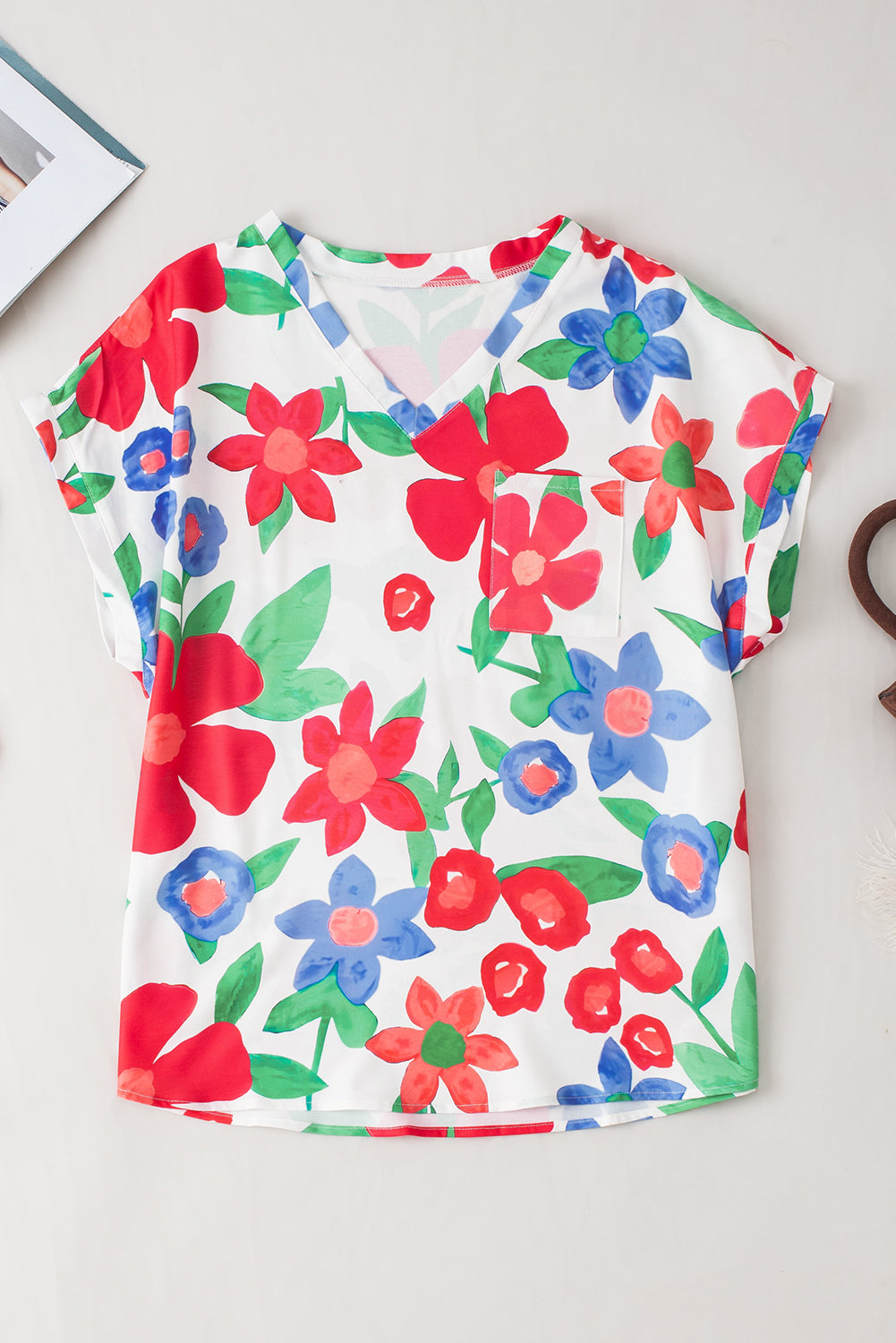 Flower Print Chest Pocket V Neck Blouse - LA Grand