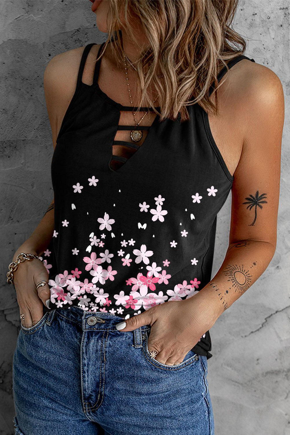 Black Floral Print Cut Out Spaghetti Strap Tank Top - LA Grand