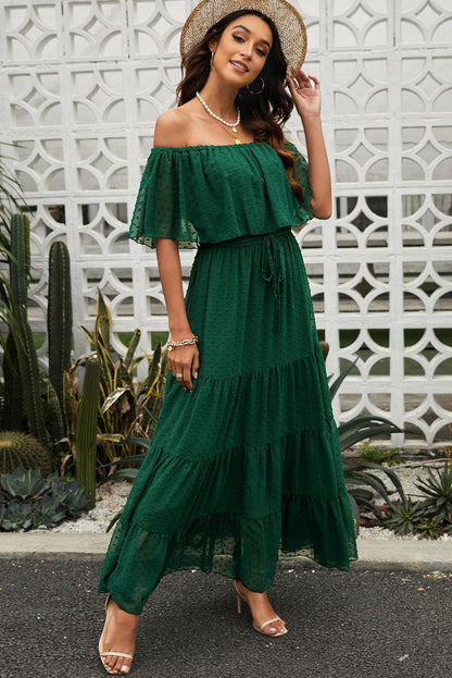 Verde Sunshine Off-Shoulder Swiss Dot Maxi Dress - LA Grand