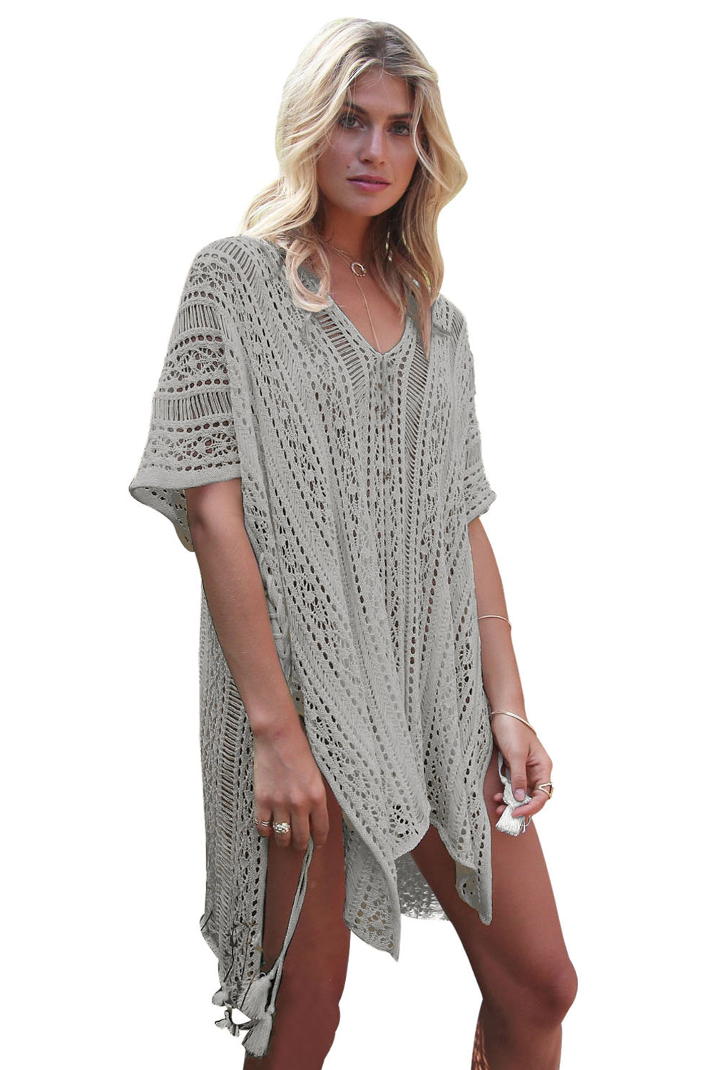 Gray Crochet Knitted Tassel Tie Kimono Beachwear - LA Grand