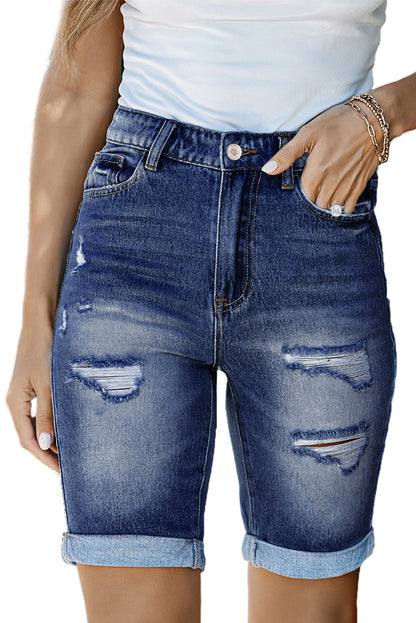 Blue Roll-up Distressed Bermuda Denim Shorts - LA Grand