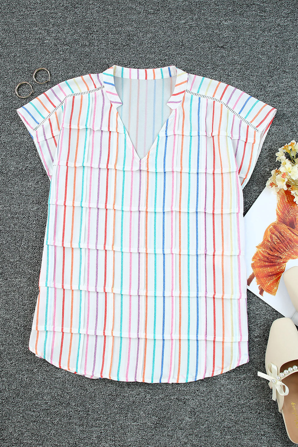 Multicolor Striped Pintuck Tiered Cap Sleeve Blouse - LA Grand