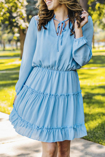 Light Blue V Neck Long Sleeve Ruffle Tiered Mini Dress - LA Grand