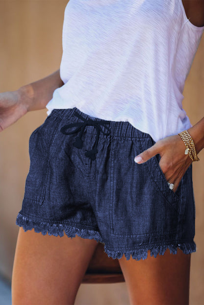 Dark Blue Casual Pocketed Frayed Denim Shorts - LA Grand