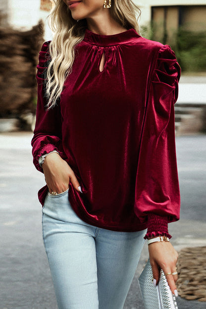 Peach Blossom Fiery Mock Neck Puff Sleeve Velvet Blouse - LA Grand