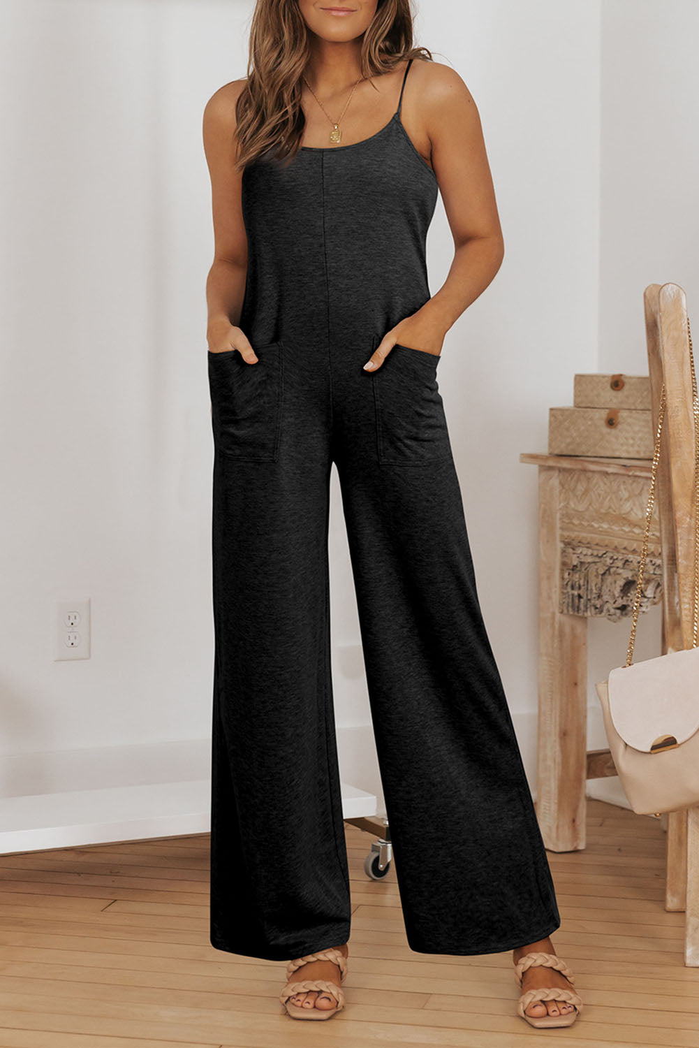 Gray Patch Pockets Spaghetti Strap Wide Leg Jumpsuit - LA Grand