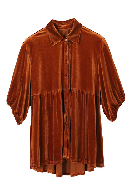 Chestnut 3/4 Sleeve Tunic Babydoll Velvet Shirt - LA Grand