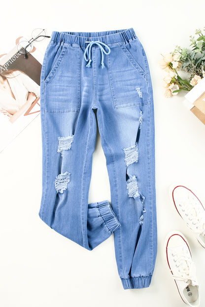 Blue Pocketed Distressed Denim Joggers - LA Grand