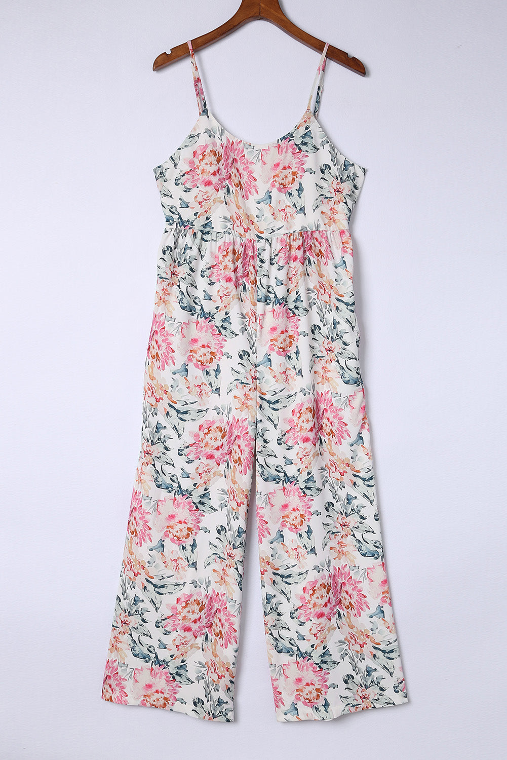 White Floral Spaghetti Straps Wide Leg Jumpsuit - LA Grand