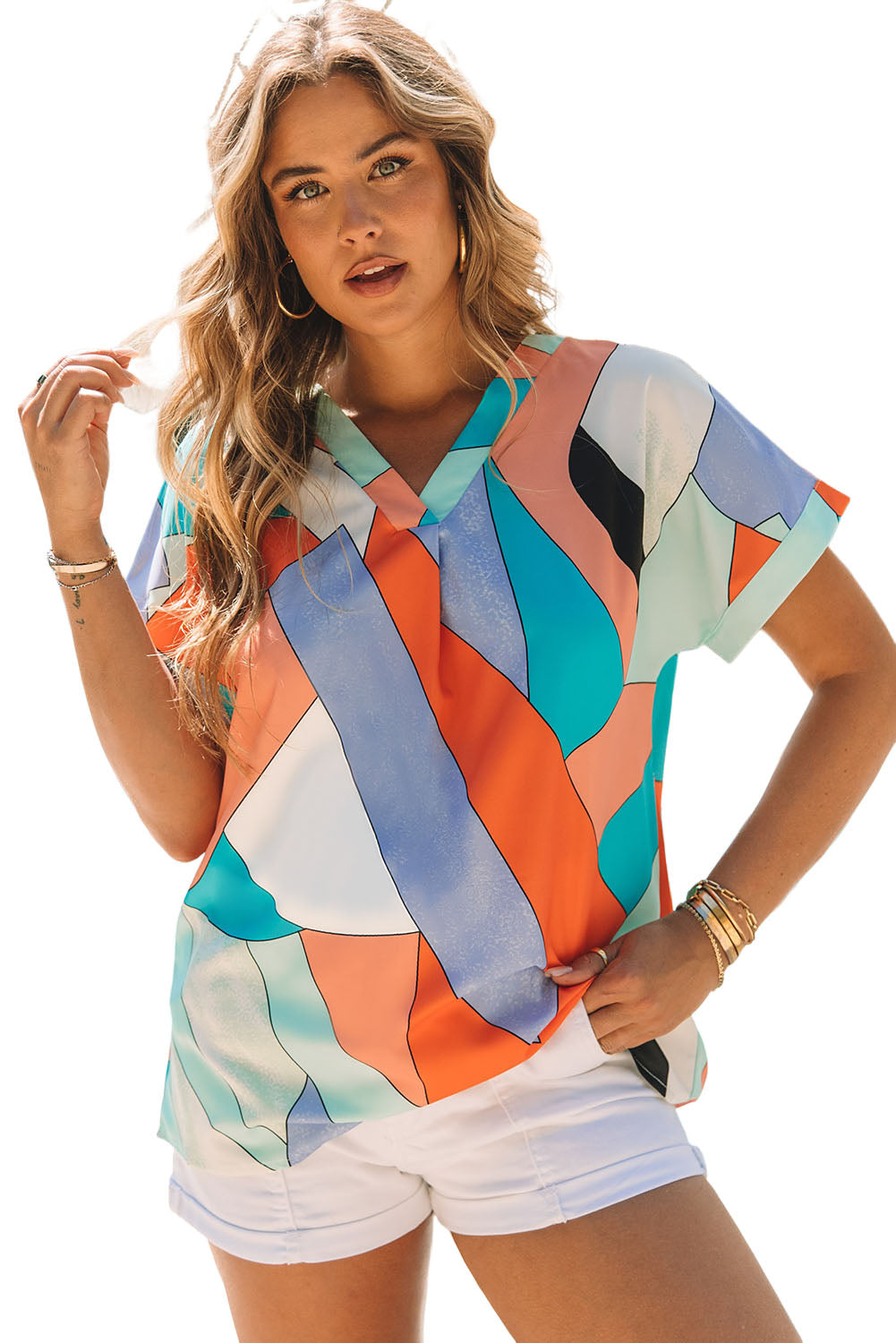 Multicolor Irregular Color Block Printed Short Sleeve Blouse - LA Grand