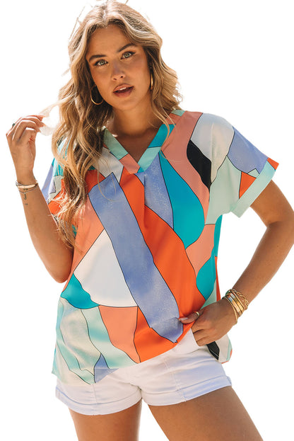 Multicolor Irregular Color Block Printed Short Sleeve Blouse - LA Grand