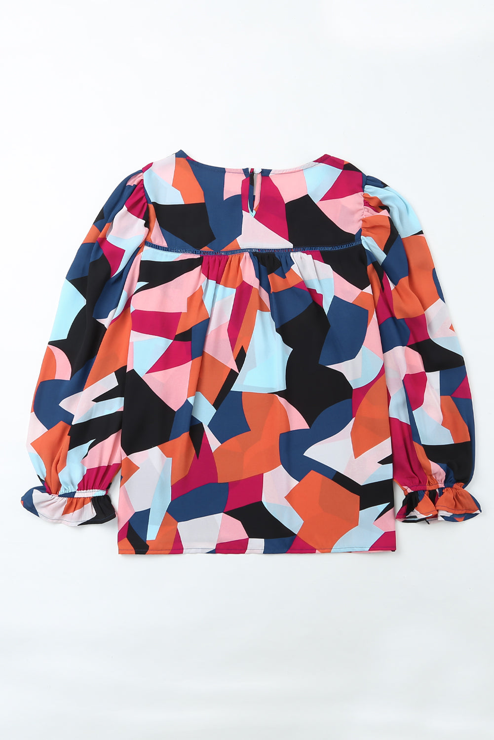 Abstract Pattern Crewneck Ruffled Puff Sleeve Blouse - LA Grand