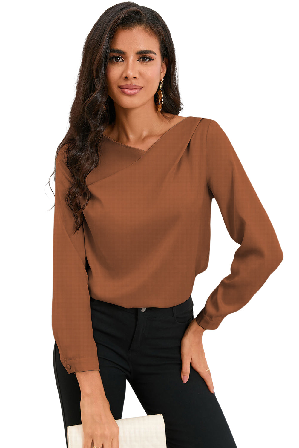 Apricot Solid Asymmetric V Neck Long Sleeve Satin Blouse - LA Grand