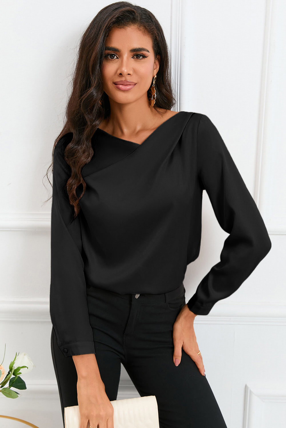 Apricot Solid Asymmetric V Neck Long Sleeve Satin Blouse - LA Grand