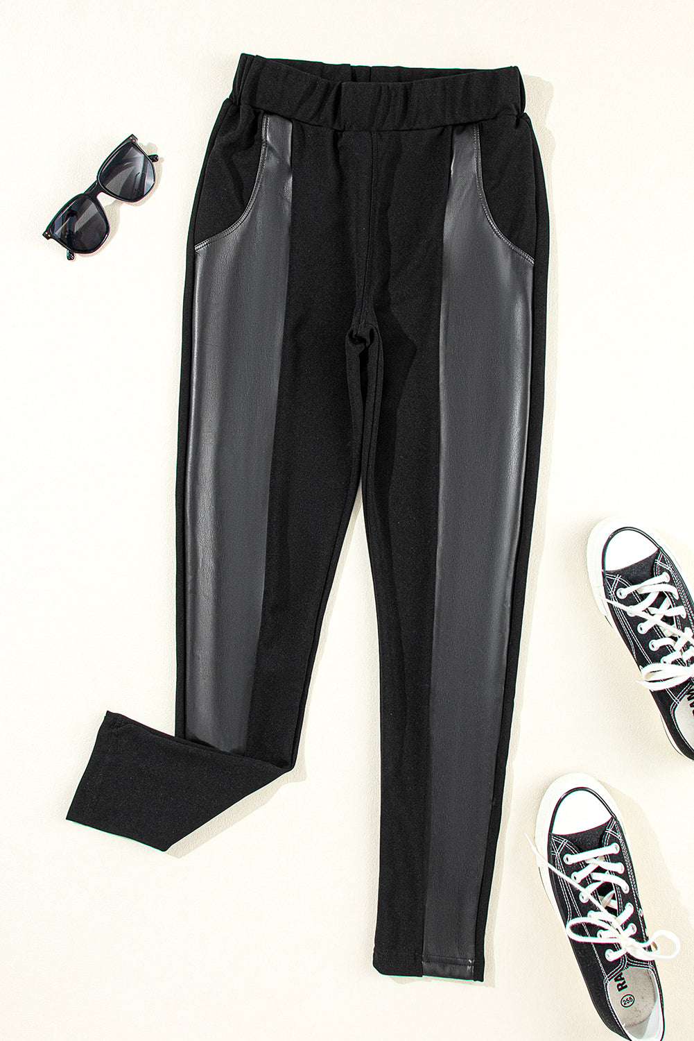 Black Leather Panel Patchwork High Waist Leggings - LA Grand