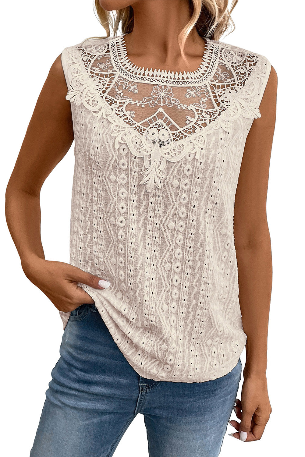 Apricot Guipure Lace Crochet Keyhole Back Tank Top - LA Grand