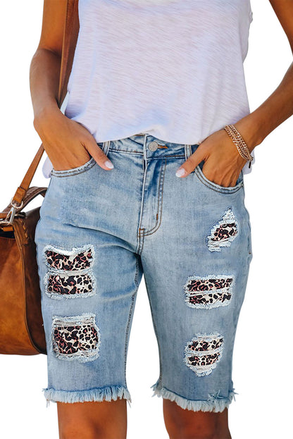 Mid-rise Ripped Leopard Patches Denim Bermuda Shorts - LA Grand