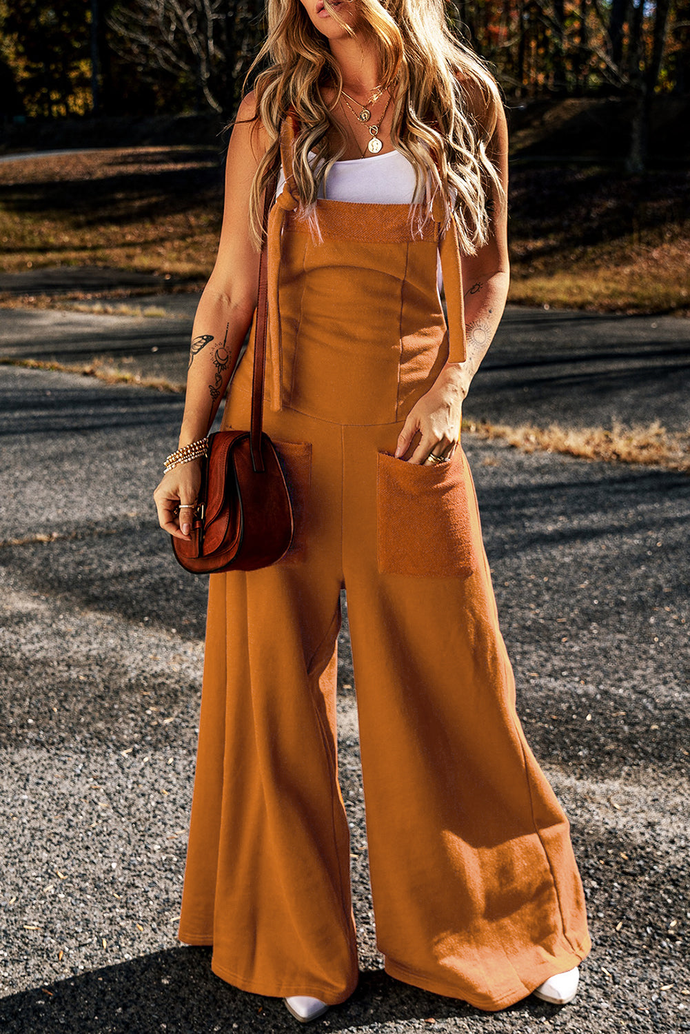 Brown Knotted Straps Patch Pocket Wide Leg Jumpsuit - LA Grand