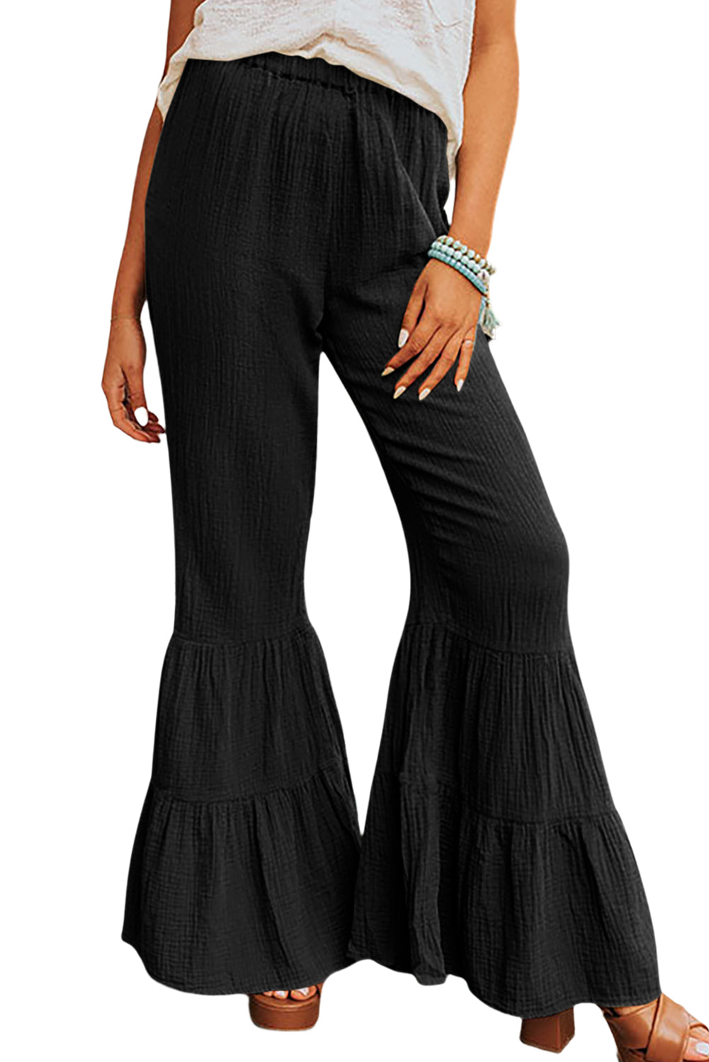 Green Textured High Waist Ruffled Bell Bottom Pants - LA Grand