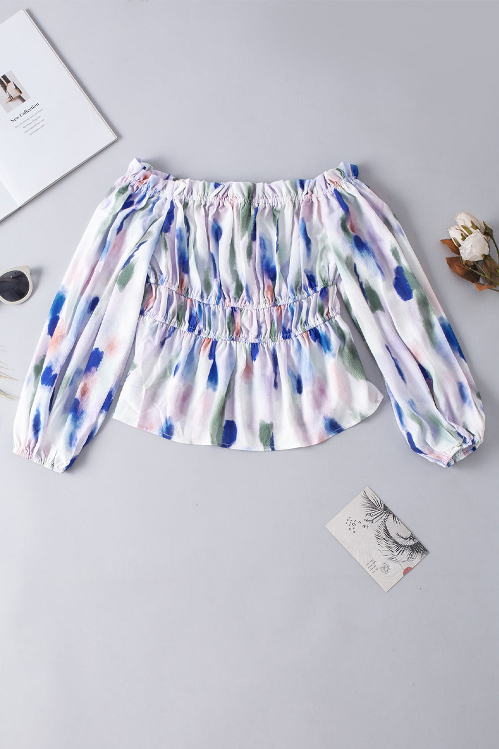 White Abstract Print Frill Off Shoulder Bubble Sleeve Blouse - LA Grand