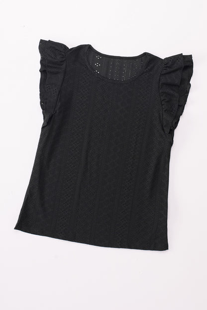 Black Rhombus Textured Ruffle Short Sleeve Blouse - LA Grand