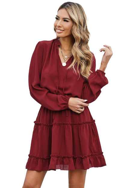 V Neck Long Sleeve Ruffle Tiered Mini Dress - LA Grand