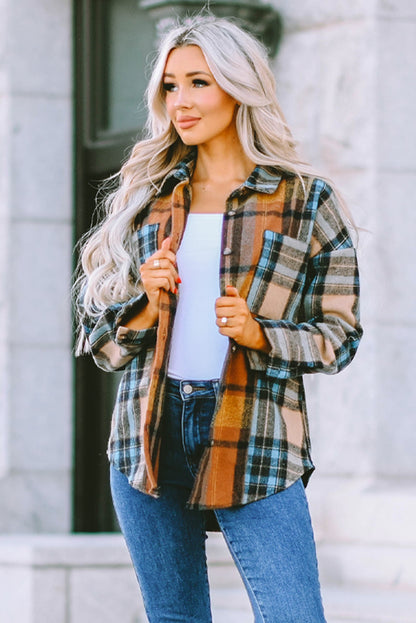 Brown Plaid Color Block Buttoned Shirt with Pockets - LA Grand