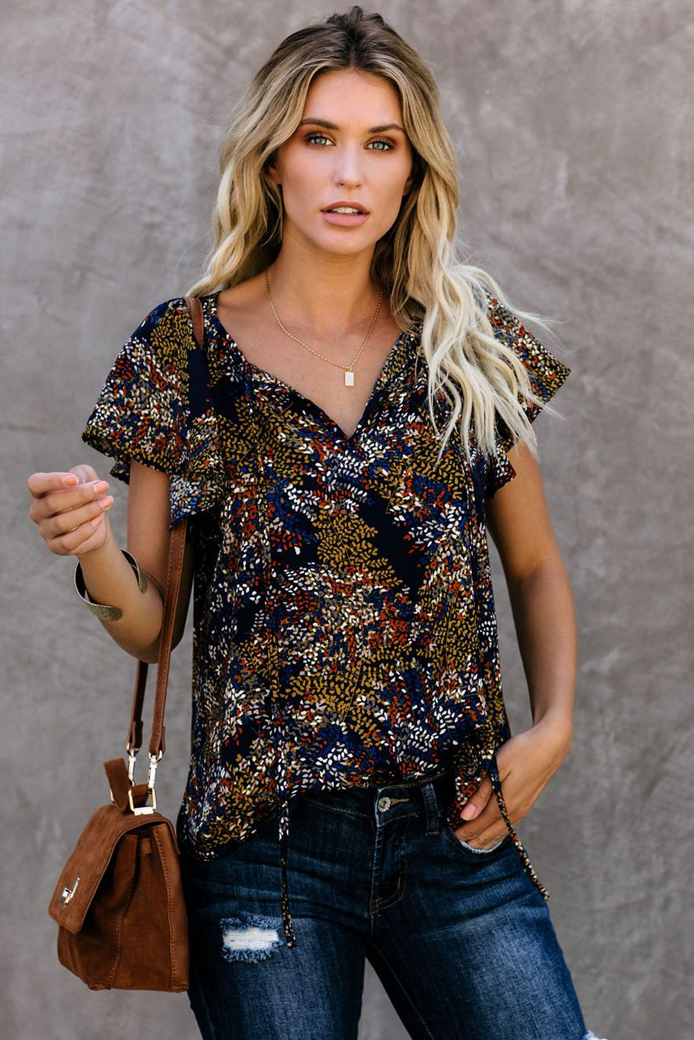 Multicolor V-neck Short Sleeve Fashion Print Fantasy Fluttering Blouse - LA Grand