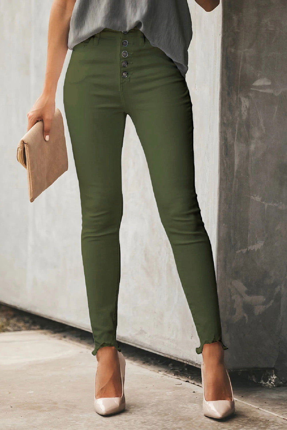 Green Plain High Waist Buttons Frayed Cropped Denim Jeans - LA Grand