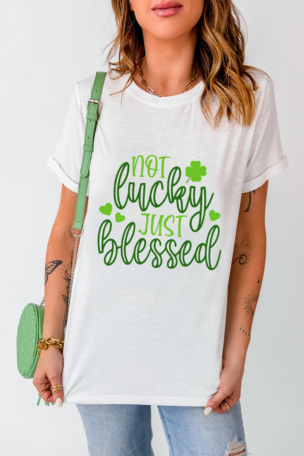 White St Patricks Not Luck Just Blessed Graphic T-shirt - LA Grand