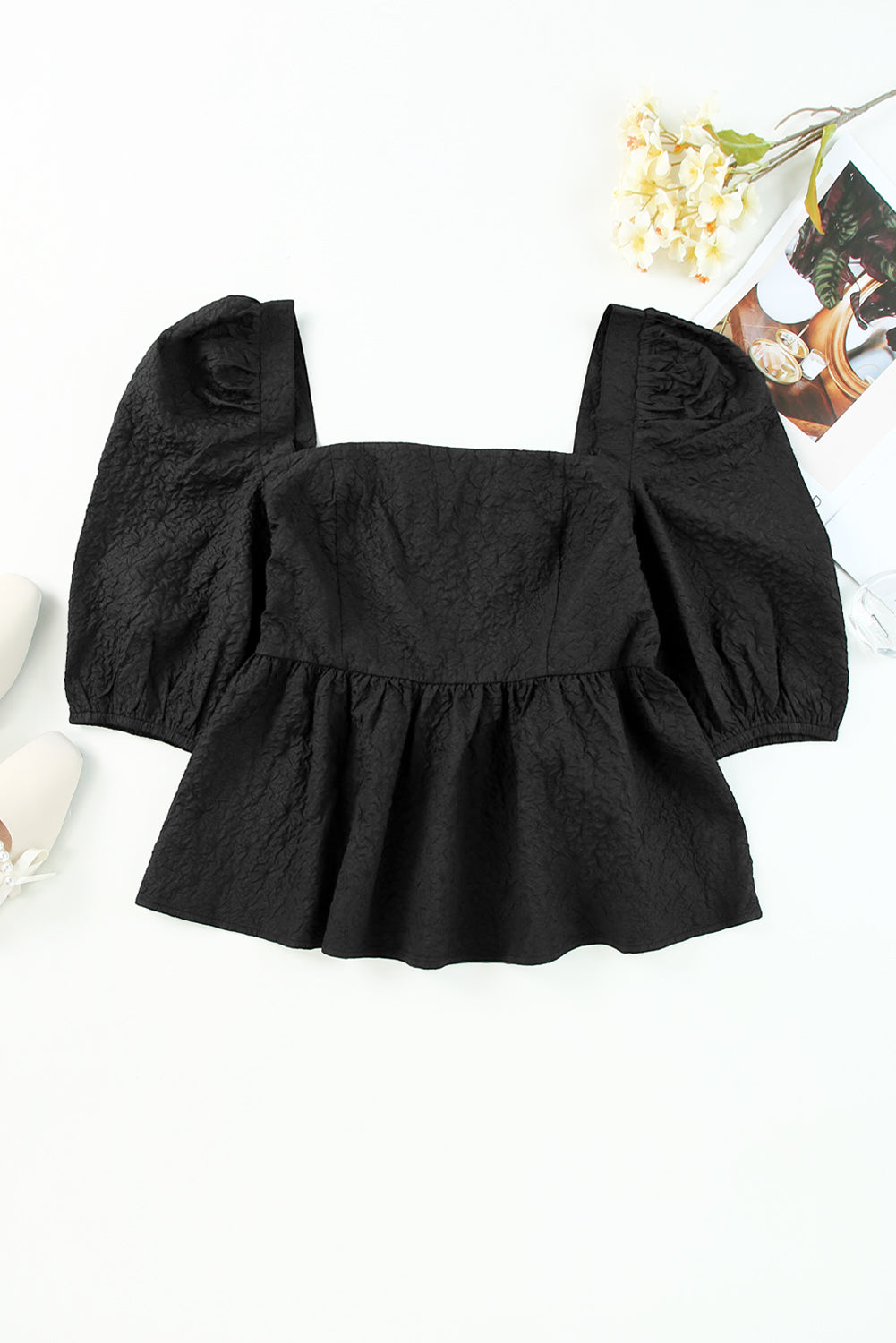 Black Textured Square Neck Puff Sleeve Peplum Blouse - LA Grand