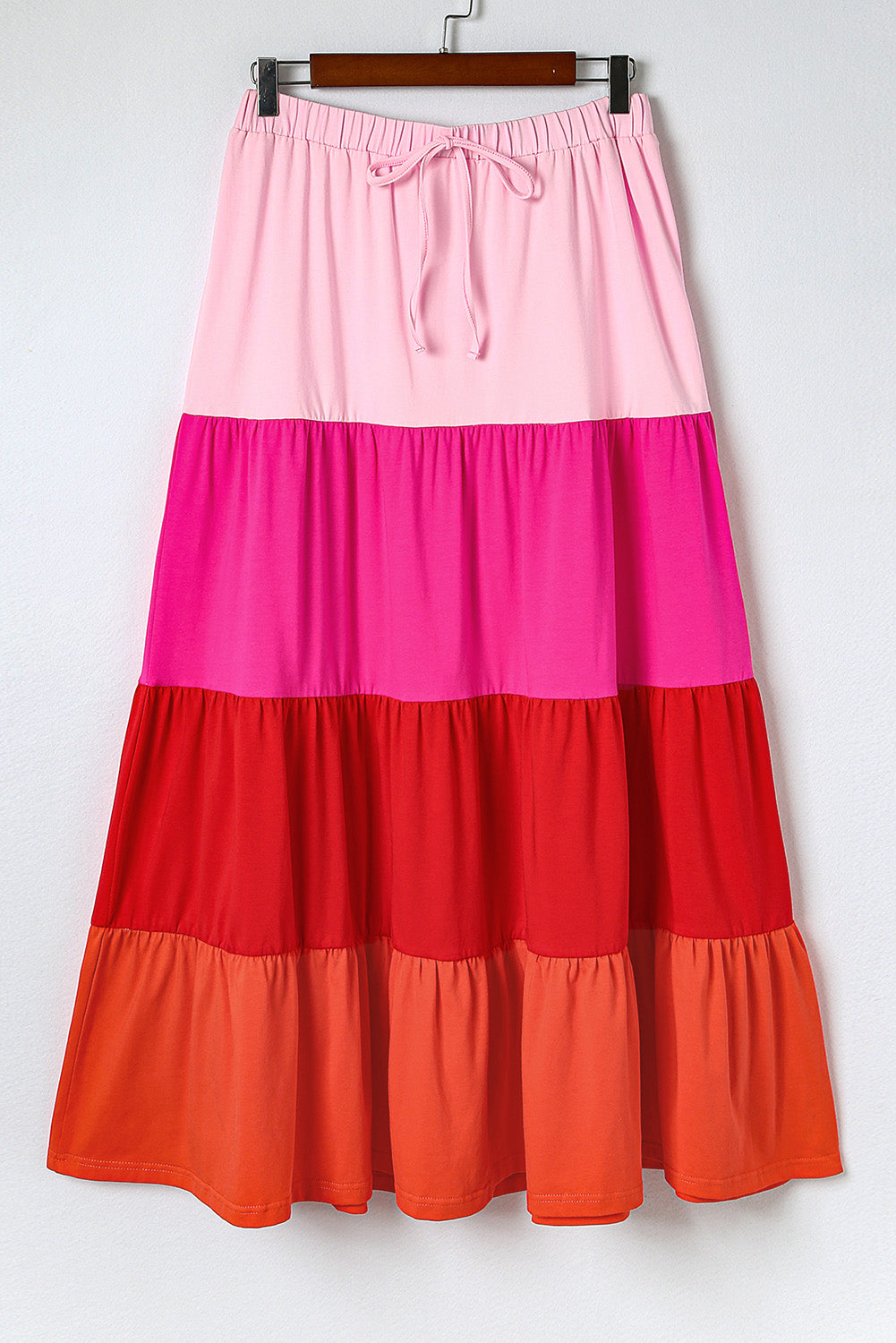 Pink Color Block Tiered Drawstring High Waist Maxi Skirt - LA Grand