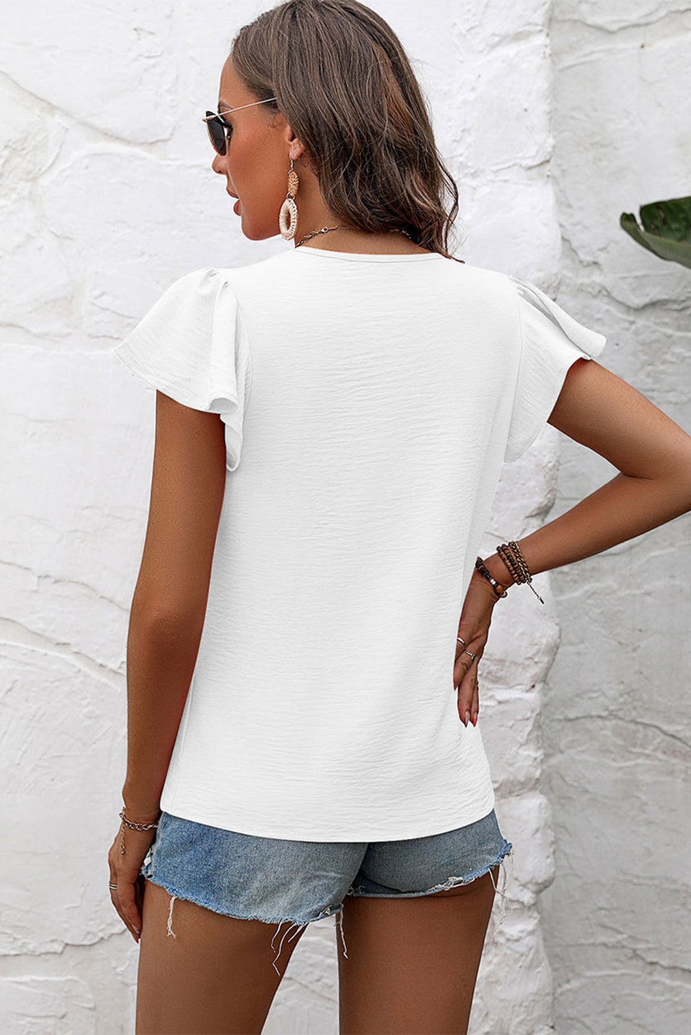 White Solid Color Textured Pleated Flutter Sleeve Blouse - LA Grand