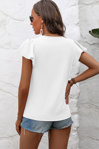 White Solid Color Textured Pleated Flutter Sleeve Blouse - LA Grand