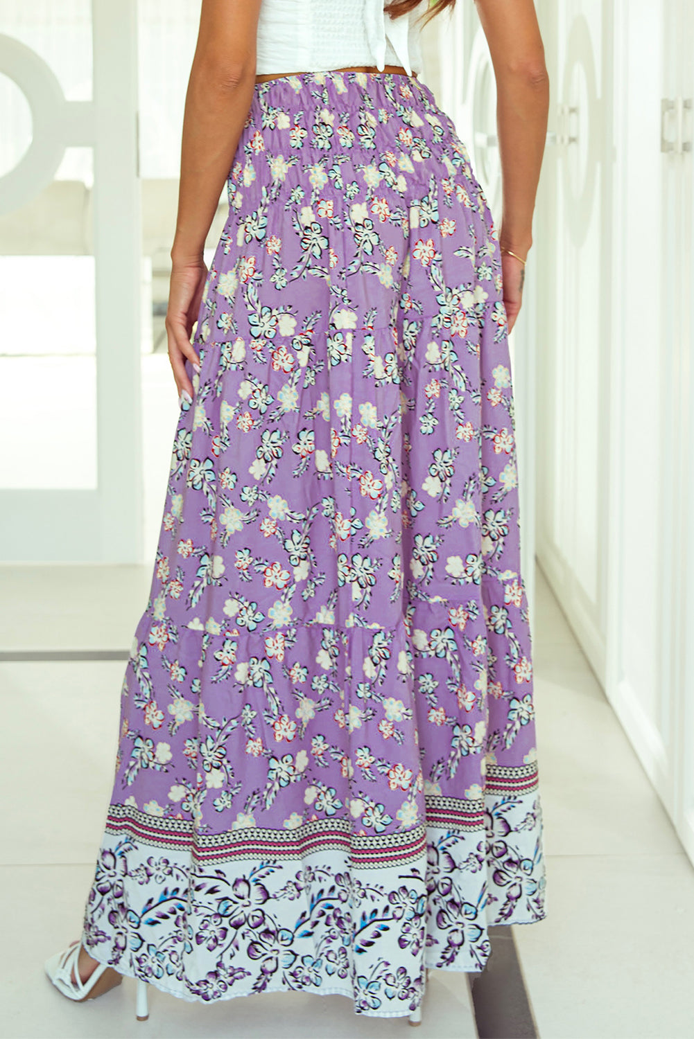 Purple Floral Print Shirred High Waist Maxi Skirt - LA Grand