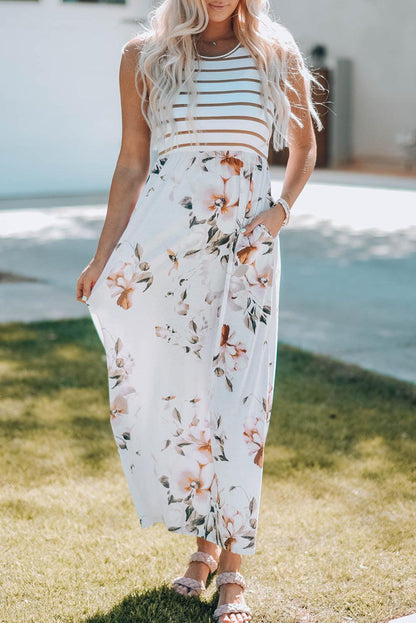 White Striped Floral Print Sleeveless Maxi Dress with Pocket - LA Grand