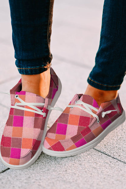 Red Plaid Print Criss Cross Slip On Canvas Shoes - LA Grand