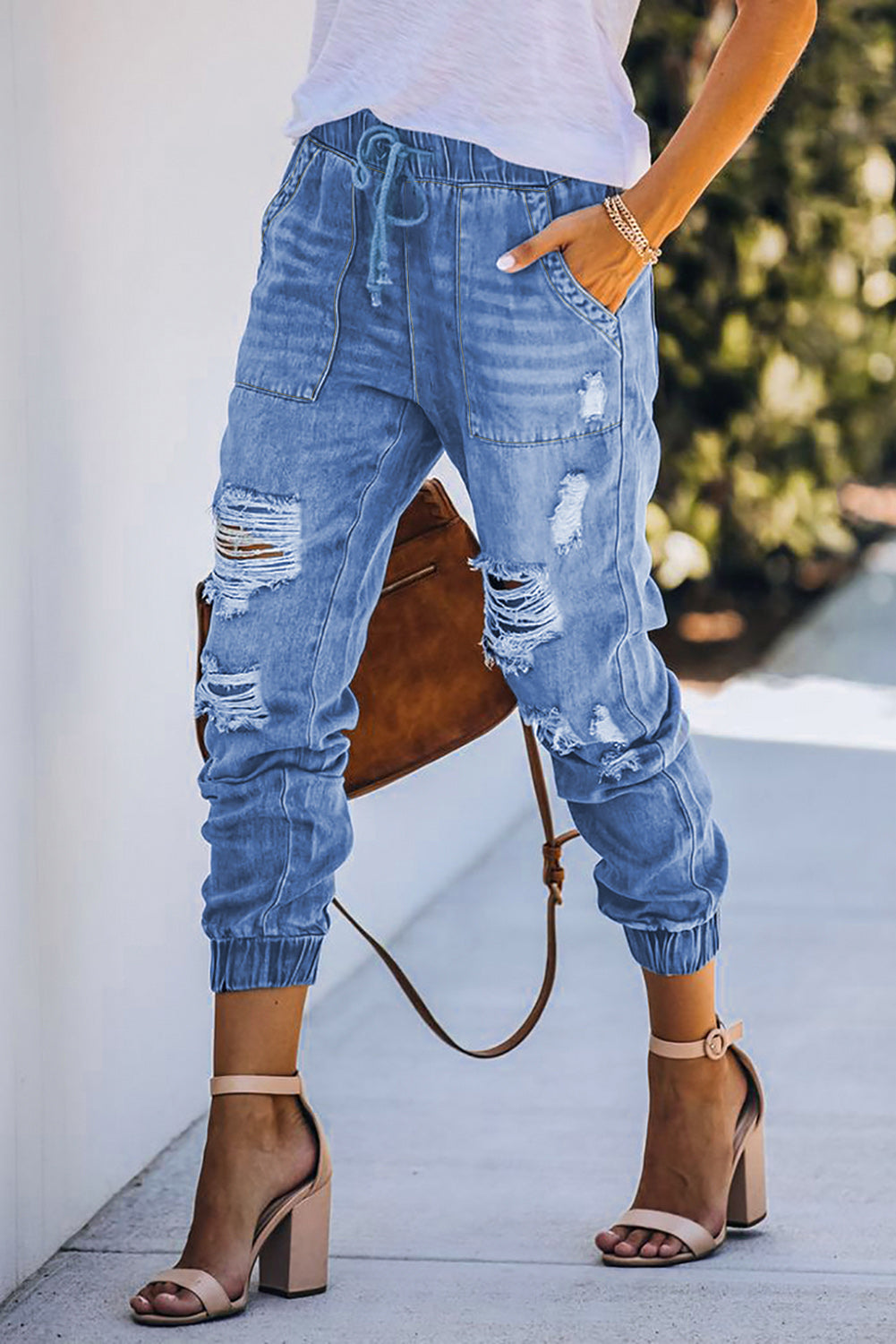 Blue Pocketed Distressed Denim Joggers - LA Grand