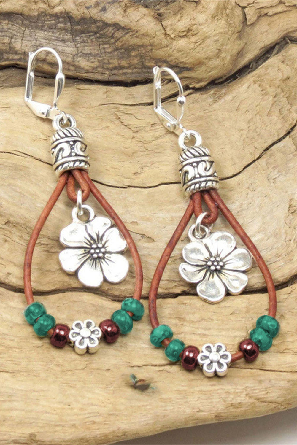 Silvery Western Leather Beaded Floral Dangle Earrings - LA Grand