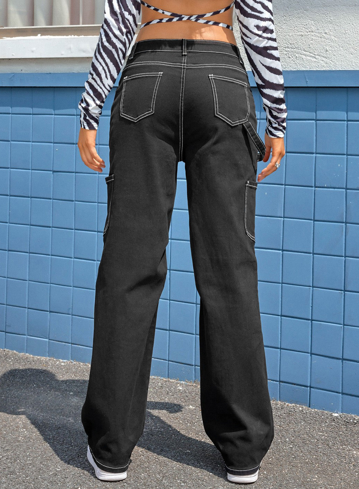 Black High Waist Straight Leg Cargo Pants with Pockets - LA Grand