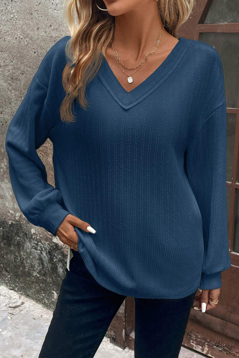 Real Teal V Neck Textured Long Sleeve Top - LA Grand