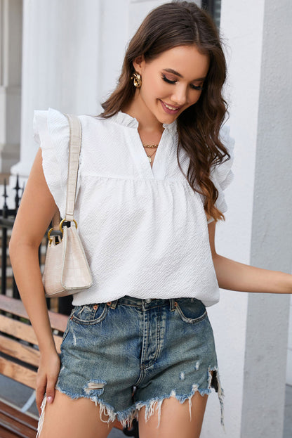 White Ruffle Accent Flutter Sleeve Notch Neck Top - LA Grand