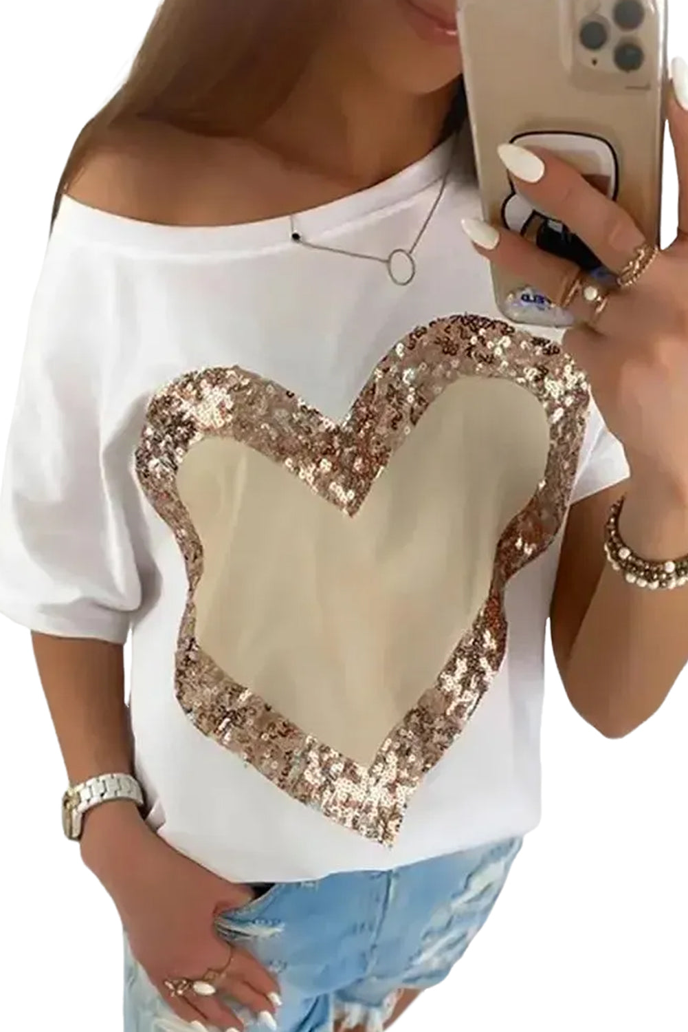 White Valentine's Day Sequined Heart Crew Neck Short Sleeve Top - LA Grand