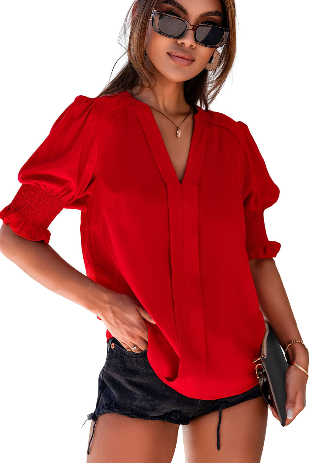 Fiery Red Solid Color Half Sleeve V Neck Blouse - LA Grand