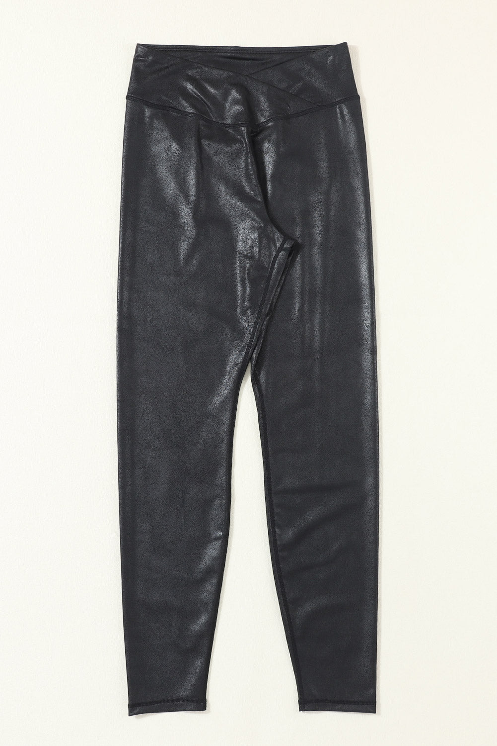 Navy Blue Crossed Dip Waist Sleek Leather Leggings - LA Grand