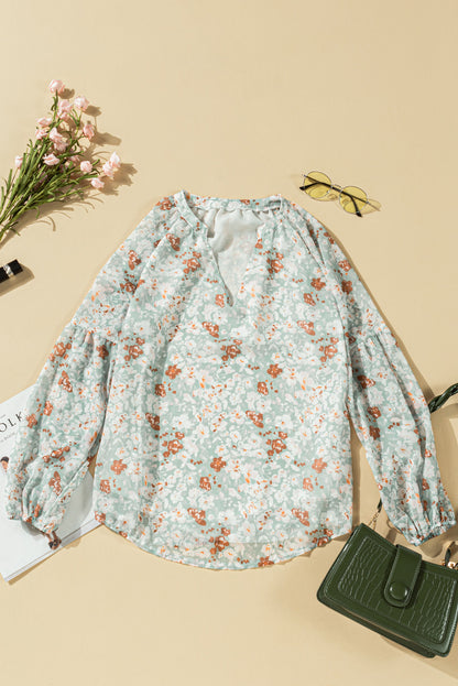 White Floral Print V Neck Long Puff Sleeve Top - LA Grand