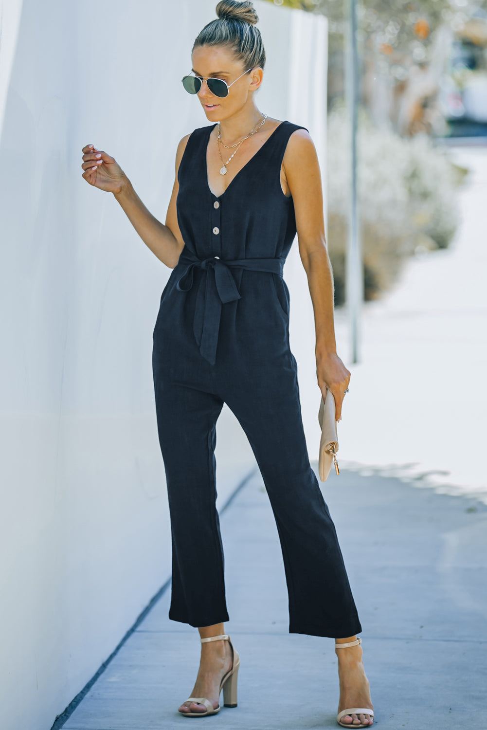 Black V Neck Button Belted Jumpsuit with Pockets - LA Grand