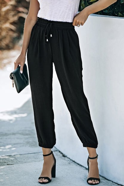 Black Solid Color Drawstring Smocked Waist Joggers - LA Grand